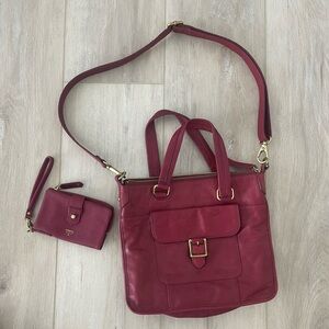 Fossil Red Leather Crossbody Bag with Adjustable Strap